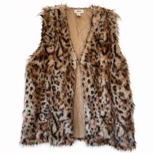Iknit Faux Fur Leopard Vest brown tan size M